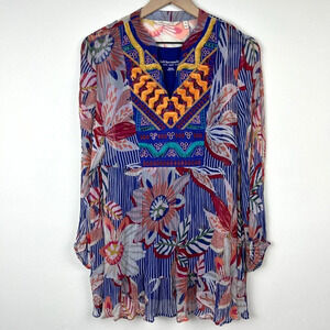 Soft Surroundings Tunic Womens Medium Colorful Floral Fringe Embroidery Ladies